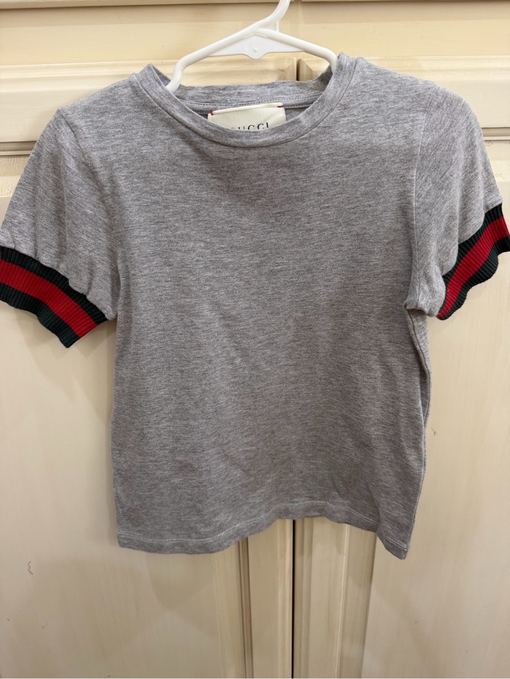 Gucci Kids Gray Tee with Red and Green Sleeve Stripes